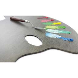 New Wave Art Wood Palette - Grey, 22-1/4'' x 18'' x 1/5'', Grand View Confidant, Right Hand (close-up image with paint and palette knife)