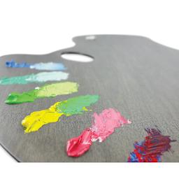 New Wave Art Wood Palette - Grey, 20-1/2" x 16" x 1/5", Expressionist Confidant, Left Hand (close-up of palette with paint on it)
