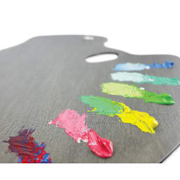 New Wave Art Wood Palette - Grey, 20-1/2" x 16" x 1/5", Expressionist Confidant, Right Hand (close-up of palette with paints being mixed)