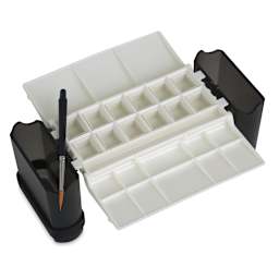Portable Painter Watercolor Palette - Top view of open palette with Travel Brush and Water wells