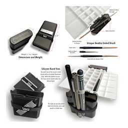 Portable Painter Watercolor Palette weights 5.1 oz and is 5-1/2" x 3" x 1". It comes with a double ended brush and silione bands to help hold items. 