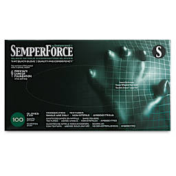 SemperForce Black Nitrile Gloves - Front of package of Small size gloves shown
