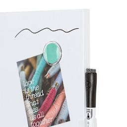 U Brands Dry Erase Tile Boards - Closeup of blank board with writing and magnet holding paper