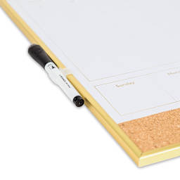 U Brands Gold Frame Dry Erase 2-in-1 Planner Board - Side of board showing Marker attachment