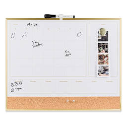 U Brands Gold Frame Dry Erase 2-in-1 Planner Board - Front view with posts and pictures