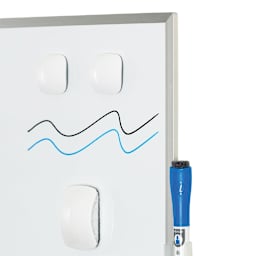 U Brands Silver Frame Magnetic White Board - Shown with magnets and markers and drawn squiggles 