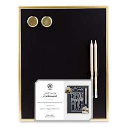 U Brands Gold Framed Chalkboard - Front of package showing magnets and pencils