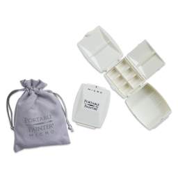 Portable Painter Micro Watercolor Palette, showing open and collapsed modes with its carrying bag