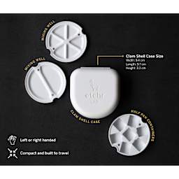 9.4 cm W x 9.7 cm L x 3.3 cm Clamshell case, two mixing wells, compartment for seven half pan containers. Left or right handed. Compact and built to travel.