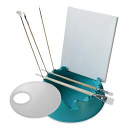 GoEasel Palette - 7-1/8" x 7-1/8" x 1", shown with painting station and art supplies (not included)