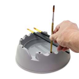 GoEasel Painting Station - Light Gray, holding brushes (not included)