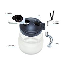 Filter cap, filter, lid, airbrush hanger, stand, and glass pot