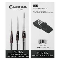 Escoda Perla Toray White Synthetic Travel Brushes - Set of 3, Round, front and back of packaging