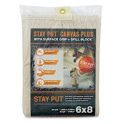Trimaco Stay Put Canvas Drop Cloth - Front of 6' x 8' Drop cloth with Spill block package shown