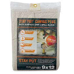 Trimaco Stay Put Canvas Drop Cloth - Front of 9' x 12' Drop cloth with Spill Block package shown