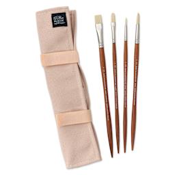 Winsor & Newton Artists' Oil Synthetic Hog Brushes - Set of 4, Canvas Wallet Case and brushes laid out