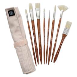 Winsor & Newton Artists' Oil Synthetic Hog Brushes - Set of 8, Canvas Roll Up and brushes laid out