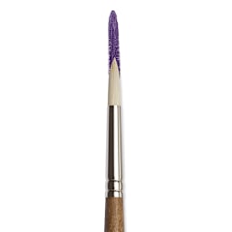 Winsor & Newton Artists' Oil Synthetic Hog Brush - Round, Size 4, Long Handle (shown in use with purple paint)