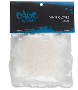 Grafix Edge Vinyl Gloves - Package of 10 Clear gloves shown in bag with hang tag 