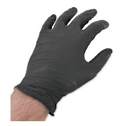 Grafix Edge Vinyl Gloves - Top view of Black glove on left hand