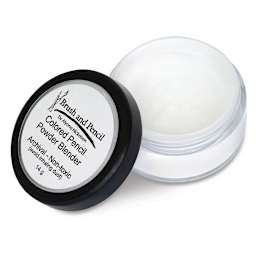 Brush and Pencil Colored Pencil Powder Blender - open 14 g Jar of Blender with lid adjacent