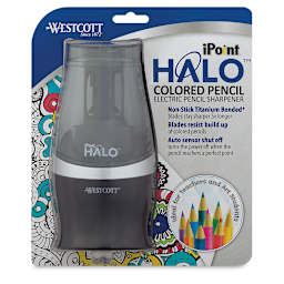 Westcott iPoint Halo Electric Colored Pencil Sharpener - Front view of package showing Sharpener