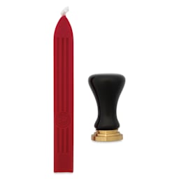 Manuscript Ceramic Mini Initial Sealing Coin Set - Letter A, side view with wax stick and handle