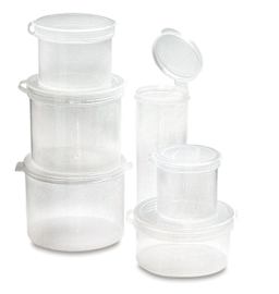 Flip Top Hinged Lid Containers - Six various size containers shown stacked with one open lid