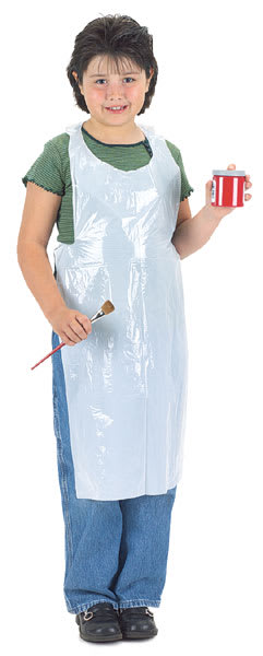 Children's Large Disposable Plastic Apron - Child wearing apron holding paint and brush