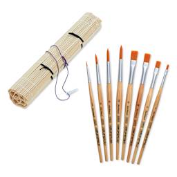 Da Vinci Junior Synthetic Brushes - Short Handle, Assorted, Set of 8 with Bamboo Wrap laid out
