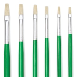 Blick Economy White Bristle Round Brushes - Closeup of 6 piece set of Flat brushes