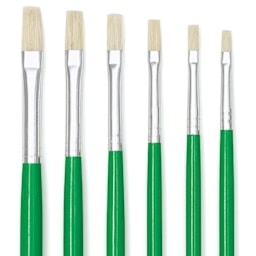 Blick Economy White Bristle Round Brushes - Closeup of 6 piece set of Bright brushes