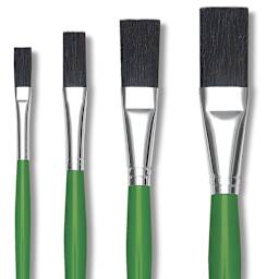Blick Economy Black Bristle Brushes - Closeup of Set of 4 Long Handle Easel Brushes