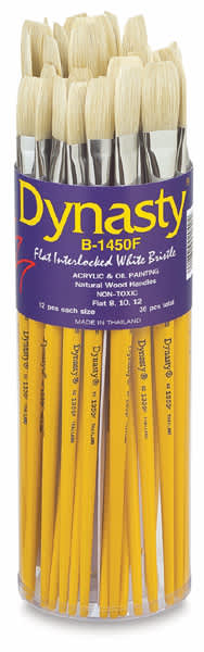 Dynasty White Bristle Flat - Front of Canister of 36 Flat Brushes in 3 sizes
