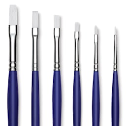 Blick Scholastic Wonder White Synthetic Brushes - Flat Set of 6, Long Handles. Brushes in row.