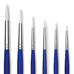 Blick Scholastic Wonder White Synthetice Brushes - Round Set of 6, Long Handles. Row of brushes.