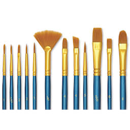Blick Super Value Golden Taklon Brush Set - Assorted Brushes, Set of 120, close up of 12 brush shapes