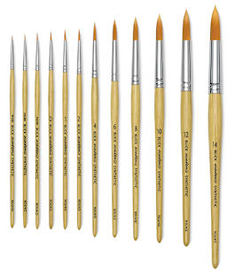 Blick Academic Synthetic Golden Taklon Brushes - 12 Round brushes shown vertically