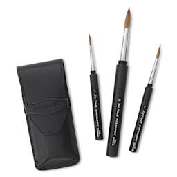 Da Vinci Maestro Kolinsky Travel Brushes - Set 1503, Set of 3, brushes and faux-leather case laid out