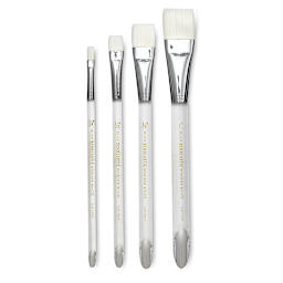 Blick Scholastic Wonder White Synthetic Brushes - Flat Foot Set of 4, Short Handles. Brushes in row.