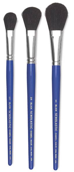 Blick Scholastic Camel Brushes - 3 Sizes of Oval Wash Brushes shown upright