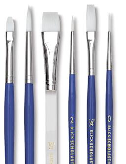 Blick Scholastic Wonder White Synthetic Brushes - Set of 6 assorted handles. Blue and clear handles.