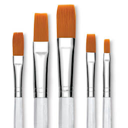 Royal Langnickel Clear Choice Brush Set - Golden Taklon, Flat, Set of 60, Long Handle (close-up of brushes)