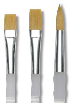 Royal & Langnickel Soft Grip Golden Taklon Brushes - Closeup of 3 types of brushes