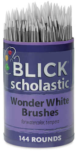 Blick Scholastic Wonder White Synthetic Brushes-Round, Short Handle, Set of 144. Front of canister.