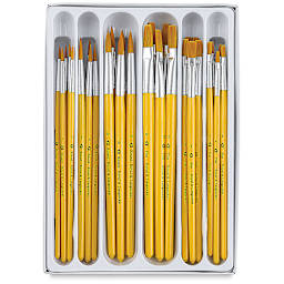 Golden Taklon Rounds and Flats, Set of 30 Brushes shown with pacakge open and brushes in storage tray