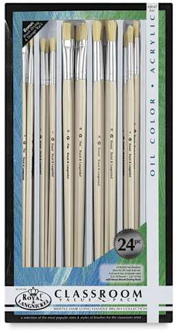 Royal & Langnickel White Bristle Classroom Value Packs - Front of 24 pc Rounds and Flats package