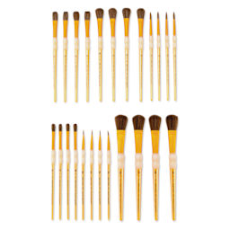 Royal & Langnickel Crafter's Choice Synthetic Camel Hair Brushes laid out, Classroom Value Pack
