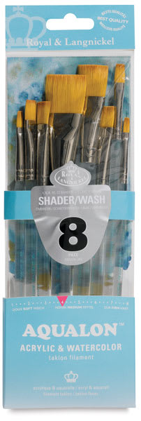 Aqualon Taklon Brush Sets - Front of 8 pc Shader and Wash Brush set package showing brushes