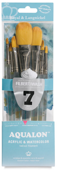 Aqualon Taklon Brush Sets - Front of 7 pc Filbert and Wash Brush set package showing brushes